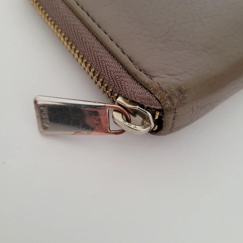 Furla Zip Around Leather Wallet Taupe Black Colorblock Silver Logo Hardware
